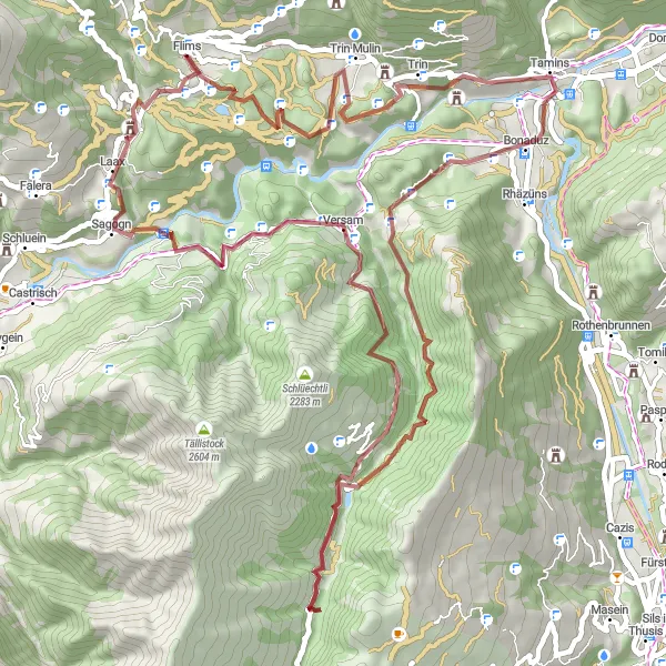 Map miniature of "Flims Gravel Escape" cycling inspiration in Ostschweiz, Switzerland. Generated by Tarmacs.app cycling route planner