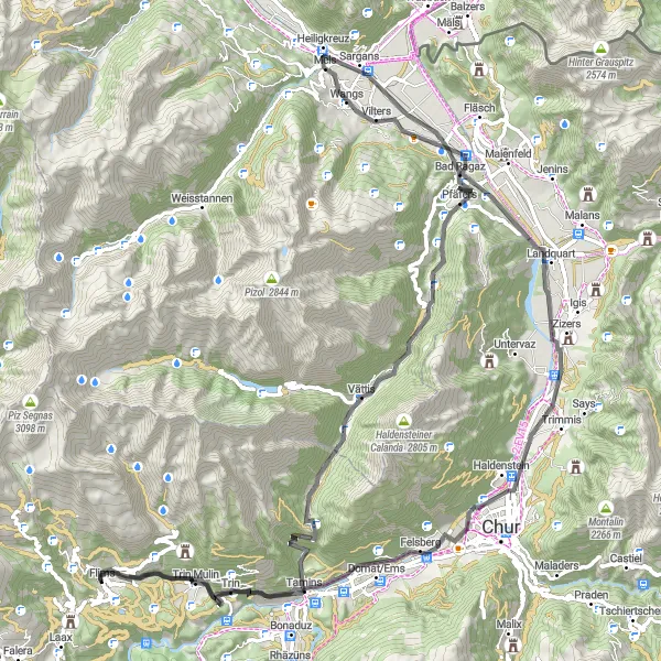 Map miniature of "Flims - Burgruine Canaschal - Kunkelspass - Vättis - Tabor - Mels - Bad Ragaz - Masans - Tuma Casté - Tamins - Flims" cycling inspiration in Ostschweiz, Switzerland. Generated by Tarmacs.app cycling route planner
