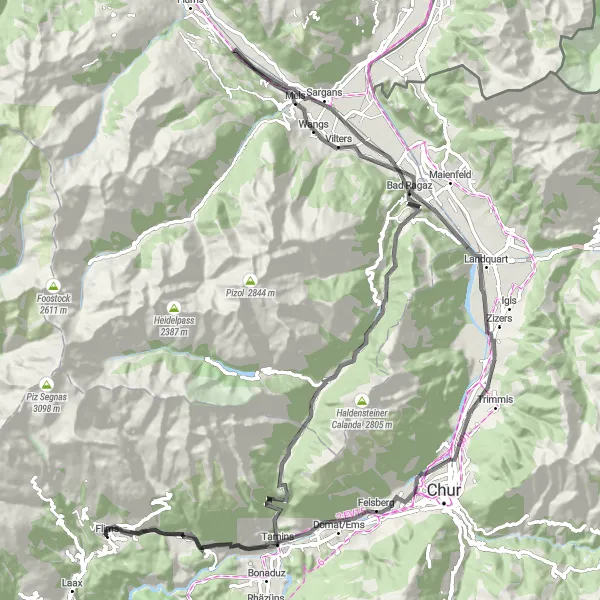 Map miniature of "Flims - Ruine Hohentrins - Kunkelspass - Vättis - Tabor - Mels - Tierget - Bad Ragaz - Masans - Tuma Casté - Tamins - Flims" cycling inspiration in Ostschweiz, Switzerland. Generated by Tarmacs.app cycling route planner