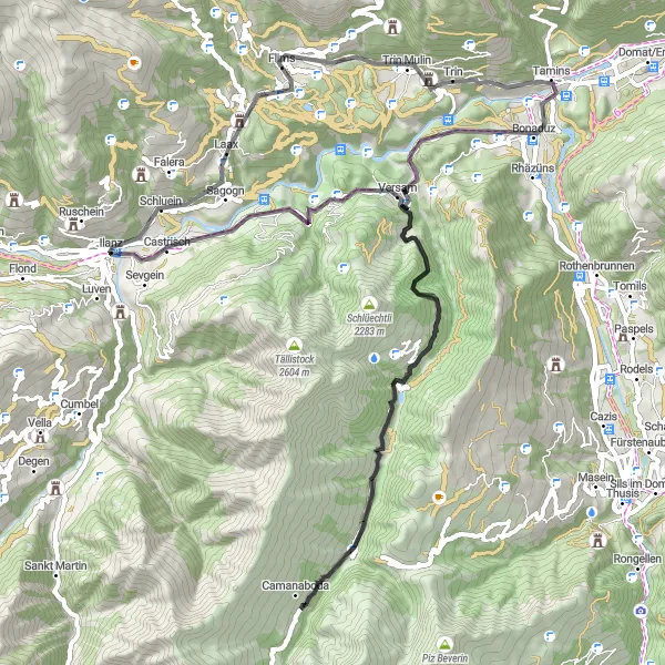 Miniature de la carte de l'inspiration cycliste "Itinéraire Flims - Castrisch - Flims" dans la Ostschweiz, Switzerland. Générée par le planificateur d'itinéraire cycliste Tarmacs.app