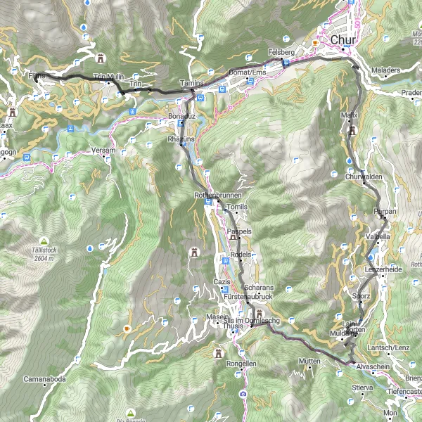 Map miniature of "Flims - Bot Danisch - Tamins - Schlössli Parpan - Plam Pedra Purtgera - Sils im Domleschg - Rothenbrunnen - Reichenau - Fidaz - Flims" cycling inspiration in Ostschweiz, Switzerland. Generated by Tarmacs.app cycling route planner