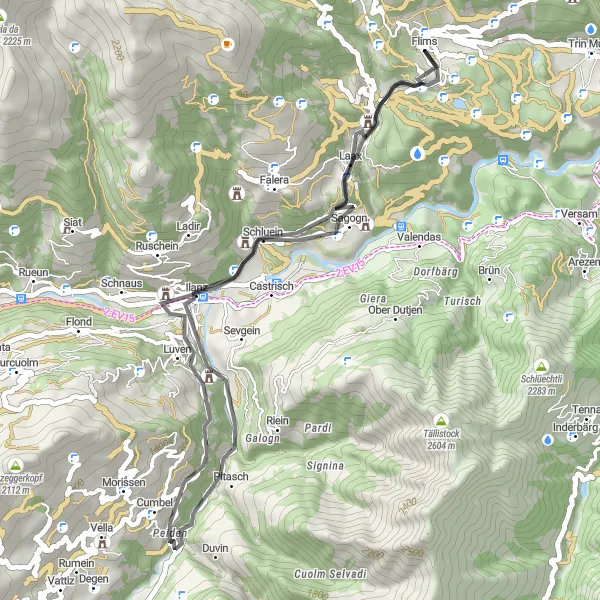 Miniaturní mapa "Stezka kolem Flims pro silniční kola" inspirace pro cyklisty v oblasti Ostschweiz, Switzerland. Vytvořeno pomocí plánovače tras Tarmacs.app