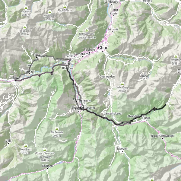 Miniaturní mapa "Kruhová cyklistická trasa od Flims do Flims přes Rhäzüns a Laax" inspirace pro cyklisty v oblasti Ostschweiz, Switzerland. Vytvořeno pomocí plánovače tras Tarmacs.app