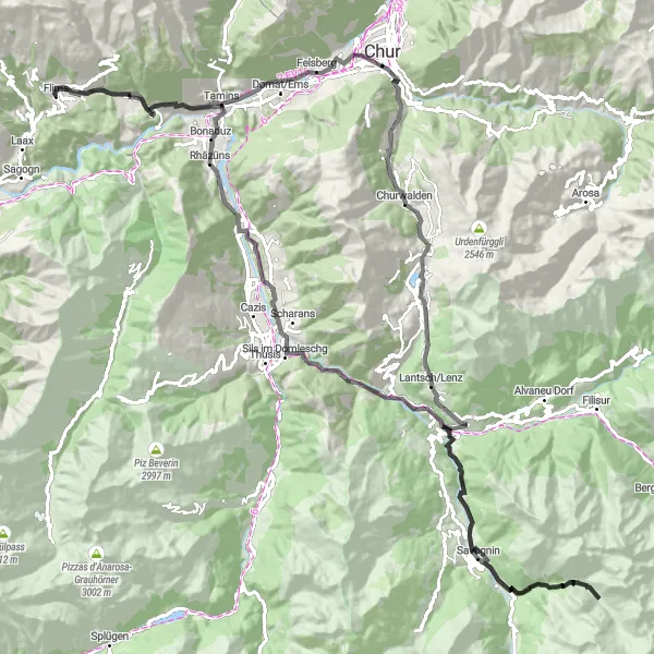 Miniature de la carte de l'inspiration cycliste "Tour des châteaux Grisons en route" dans la Ostschweiz, Switzerland. Générée par le planificateur d'itinéraire cycliste Tarmacs.app