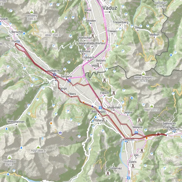 Miniaturekort af cykelinspirationen "Grusveje og natur i Flums-regionen" i Ostschweiz, Switzerland. Genereret af Tarmacs.app cykelruteplanlægger