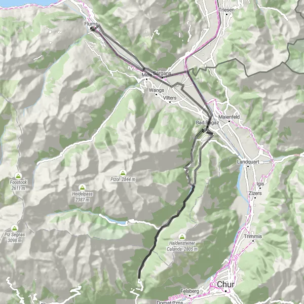 Map miniature of "Flums to Pfäfers Loop" cycling inspiration in Ostschweiz, Switzerland. Generated by Tarmacs.app cycling route planner