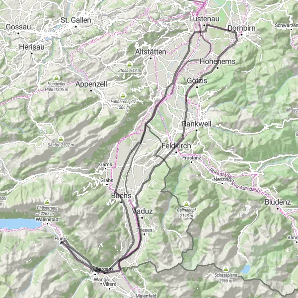 Miniatua del mapa de inspiración ciclista "Ruta escénica Flums - Sargans - Feldkirch - Schaan" en Ostschweiz, Switzerland. Generado por Tarmacs.app planificador de rutas ciclistas
