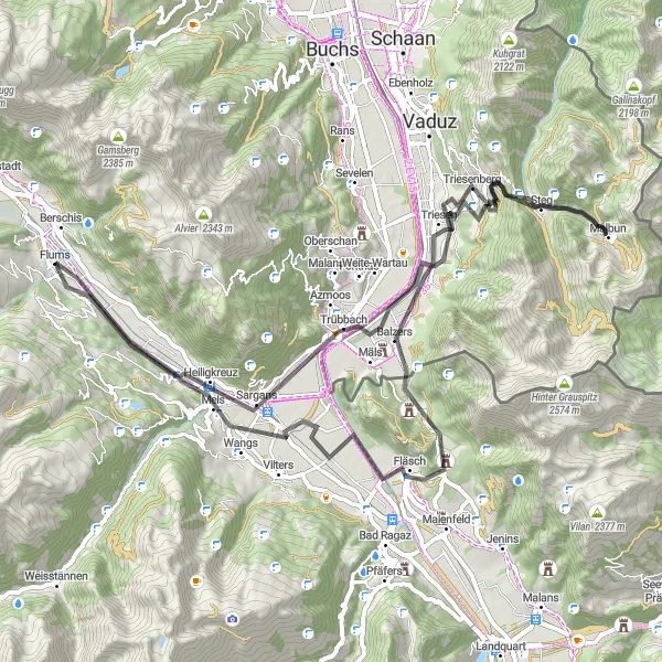 Zemljevid v pomanjšavi "Krožna kolesarska pot mimo Malbuna" kolesarske inspiracije v Ostschweiz, Switzerland. Generirano z načrtovalcem kolesarskih poti Tarmacs.app