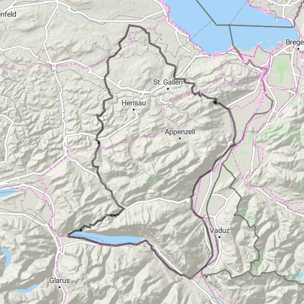 Miniaturní mapa "Cyklotrasa Raischibe - Sargans" inspirace pro cyklisty v oblasti Ostschweiz, Switzerland. Vytvořeno pomocí plánovače tras Tarmacs.app
