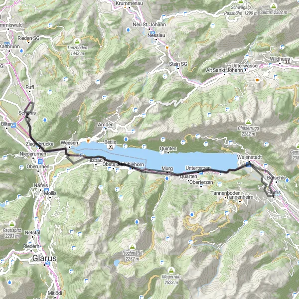 Kartminiatyr av "Veisykkelrunde gjennom Flums og omegn" sykkelinspirasjon i Ostschweiz, Switzerland. Generert av Tarmacs.app sykkelrutoplanlegger