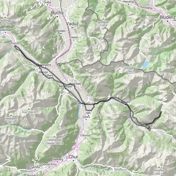 Map miniature of "Flums to Tierget Loop" cycling inspiration in Ostschweiz, Switzerland. Generated by Tarmacs.app cycling route planner