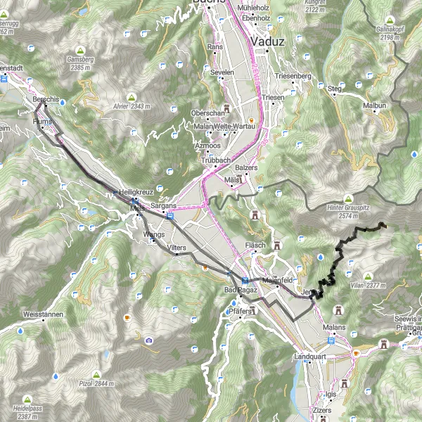Map miniature of "Mels to Maienfeld Scenic Ride" cycling inspiration in Ostschweiz, Switzerland. Generated by Tarmacs.app cycling route planner