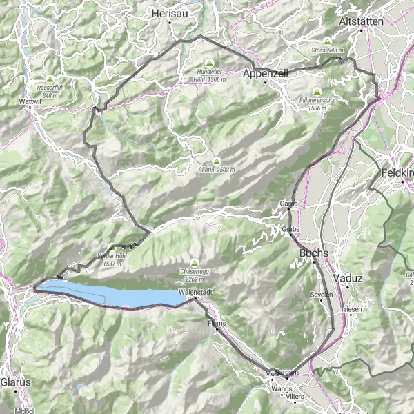 Miniaturní mapa "Flums - Flums via Walensee and Appenzell" inspirace pro cyklisty v oblasti Ostschweiz, Switzerland. Vytvořeno pomocí plánovače tras Tarmacs.app