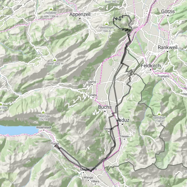 Miniaturní mapa "Cyklotrasa Sargans - Ughür Brunnä" inspirace pro cyklisty v oblasti Ostschweiz, Switzerland. Vytvořeno pomocí plánovače tras Tarmacs.app