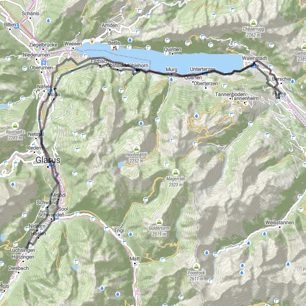 Map miniature of "Flums Roundtrip via Walenstadt" cycling inspiration in Ostschweiz, Switzerland. Generated by Tarmacs.app cycling route planner