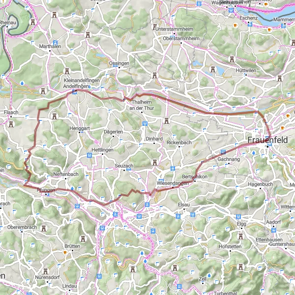 Miniatua del mapa de inspiración ciclista "Aventura en Grava por Frauenfeld" en Ostschweiz, Switzerland. Generado por Tarmacs.app planificador de rutas ciclistas