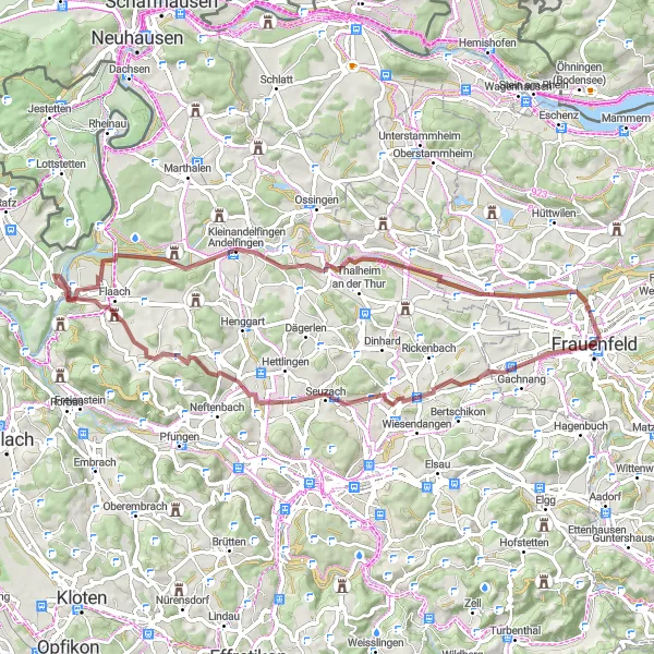 Map miniature of "Thurauen Nature Reserve Gravel Ride" cycling inspiration in Ostschweiz, Switzerland. Generated by Tarmacs.app cycling route planner