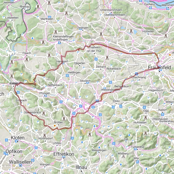 Miniaturní mapa "Jízda po štěrkové cestě kolem Frauenfeldu a blízkého okolí" inspirace pro cyklisty v oblasti Ostschweiz, Switzerland. Vytvořeno pomocí plánovače tras Tarmacs.app