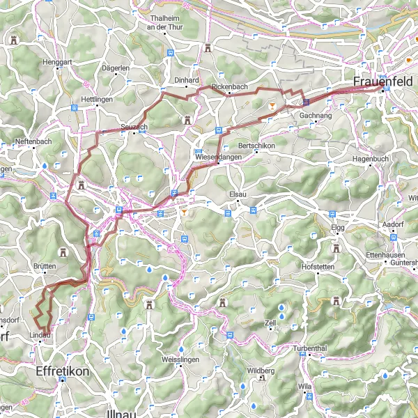 Miniatua del mapa de inspiración ciclista "Ruta de Grava en Frauenfeld y alrededores" en Ostschweiz, Switzerland. Generado por Tarmacs.app planificador de rutas ciclistas
