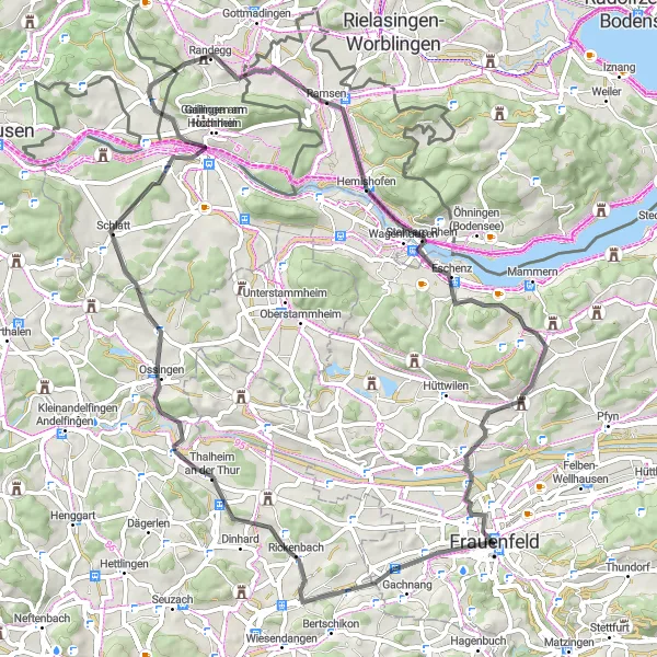 Karttaminiaatyyri "Historiallinen pyöräreitti läpi kylien" pyöräilyinspiraatiosta alueella Ostschweiz, Switzerland. Luotu Tarmacs.app pyöräilyreittisuunnittelijalla
