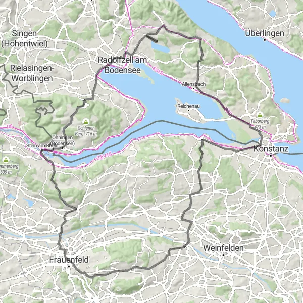 Miniatura della mappa di ispirazione al ciclismo "Esplorazione in bicicletta intorno a Frauenfeld" nella regione di Ostschweiz, Switzerland. Generata da Tarmacs.app, pianificatore di rotte ciclistiche