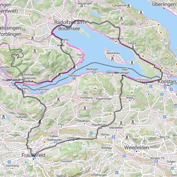 Miniatua del mapa de inspiración ciclista "Ruta por carretera hacia Ermatingen" en Ostschweiz, Switzerland. Generado por Tarmacs.app planificador de rutas ciclistas
