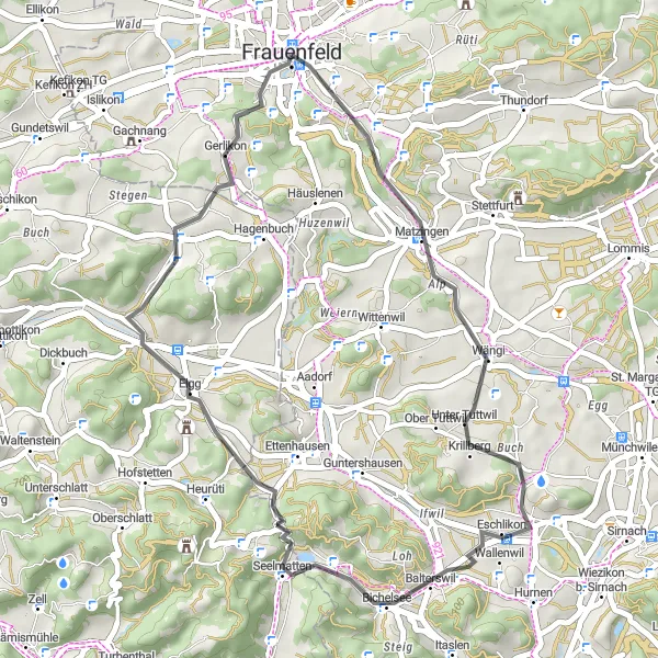 Miniature de la carte de l'inspiration cycliste "Parcours Nature dans la région de Frauenfeld" dans la Ostschweiz, Switzerland. Générée par le planificateur d'itinéraire cycliste Tarmacs.app