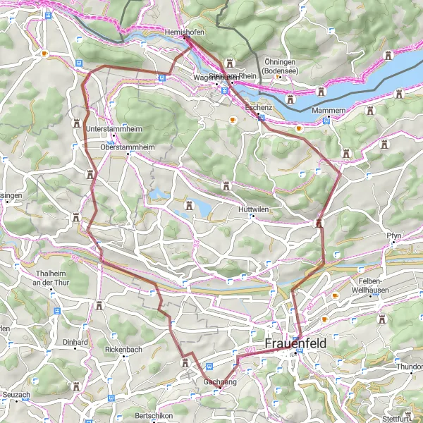 Mapa miniatúra "Gravel cyklotúra cez Ellikon a Frauenfeld" cyklistická inšpirácia v Ostschweiz, Switzerland. Vygenerované cyklistickým plánovačom trás Tarmacs.app