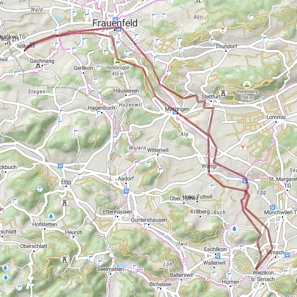 Mapa miniatúra "Gravel cyklotúra cez Hundsrugge a Frauenfeld" cyklistická inšpirácia v Ostschweiz, Switzerland. Vygenerované cyklistickým plánovačom trás Tarmacs.app