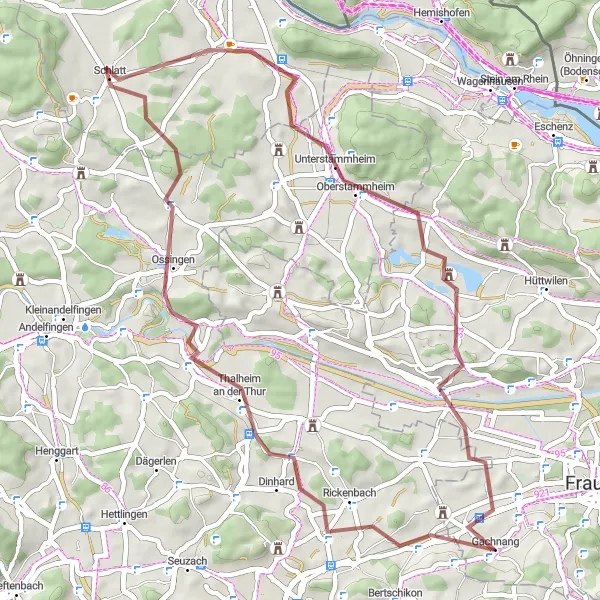 Map miniature of "The Gravel Route through Gachnang" cycling inspiration in Ostschweiz, Switzerland. Generated by Tarmacs.app cycling route planner