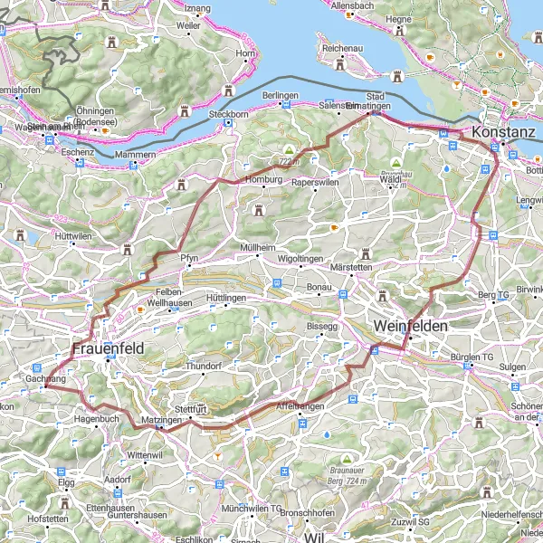 Zemljevid v pomanjšavi "Gachnang - Schalmenbuck - Dettighofen - Panoramatafel - Kreuzlingen - Ottenberg - Weinfelden - Matzingen - Gachnang" kolesarske inspiracije v Ostschweiz, Switzerland. Generirano z načrtovalcem kolesarskih poti Tarmacs.app