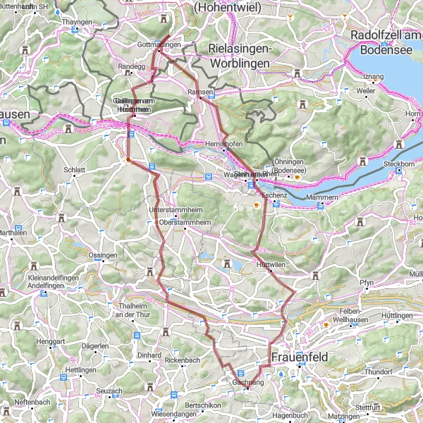 Miniatura della mappa di ispirazione al ciclismo "Scoperta dei tesori nascosti del lago di Costanza" nella regione di Ostschweiz, Switzerland. Generata da Tarmacs.app, pianificatore di rotte ciclistiche