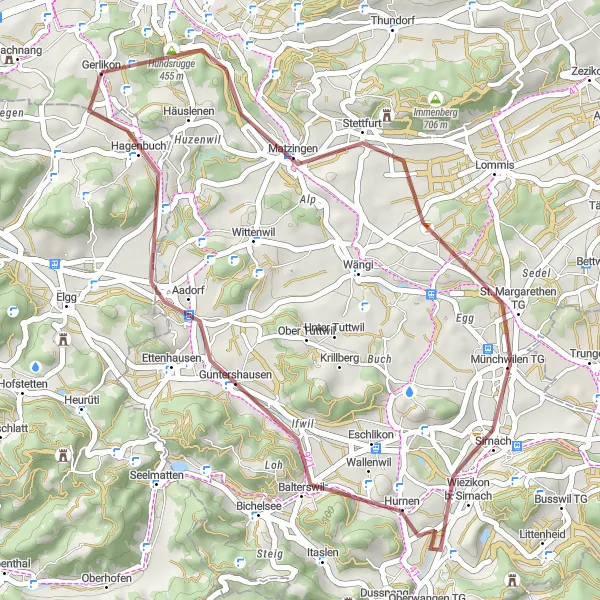 Karttaminiaatyyri "Gravel-reitti Hundsruggesta Bewangeniin" pyöräilyinspiraatiosta alueella Ostschweiz, Switzerland. Luotu Tarmacs.app pyöräilyreittisuunnittelijalla