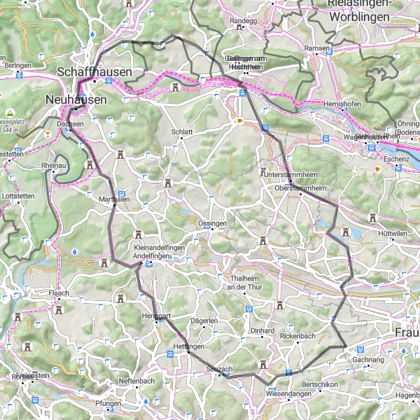 Zemljevid v pomanjšavi "Gachnang - Hettlingen - Belvedere - Rhine Falls - Buck - Diessenhofen - Aussichtsturm Vorderhütten - Ellikon" kolesarske inspiracije v Ostschweiz, Switzerland. Generirano z načrtovalcem kolesarskih poti Tarmacs.app