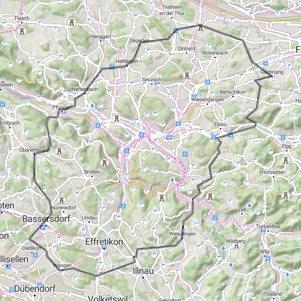 Miniatura della mappa di ispirazione al ciclismo "Tour in bicicletta attraverso Elsau e Islikon" nella regione di Ostschweiz, Switzerland. Generata da Tarmacs.app, pianificatore di rotte ciclistiche