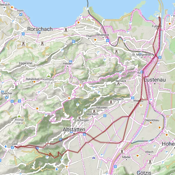 Zemljevid v pomanjšavi "Gais - Stoss - Altstätten - Au - Fußach - Widnau - Eichberg" kolesarske inspiracije v Ostschweiz, Switzerland. Generirano z načrtovalcem kolesarskih poti Tarmacs.app