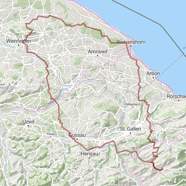 Karten-Miniaturansicht der Radinspiration "Abenteuerliches Gravel-Rennen" in Ostschweiz, Switzerland. Erstellt vom Tarmacs.app-Routenplaner für Radtouren