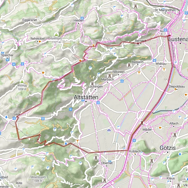 Kartminiatyr av "Utfordrende grusvei opplevelse i nærheten av Gais" sykkelinspirasjon i Ostschweiz, Switzerland. Generert av Tarmacs.app sykkelrutoplanlegger