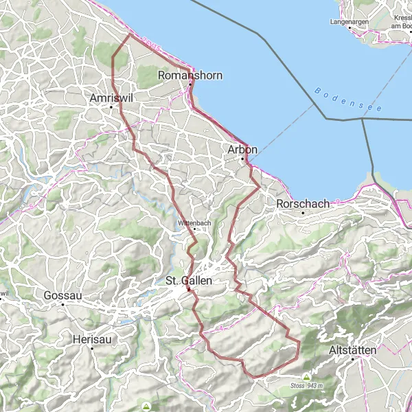 Miniature de la carte de l'inspiration cycliste "Parcours Gravel à travers Arbon" dans la Ostschweiz, Switzerland. Générée par le planificateur d'itinéraire cycliste Tarmacs.app