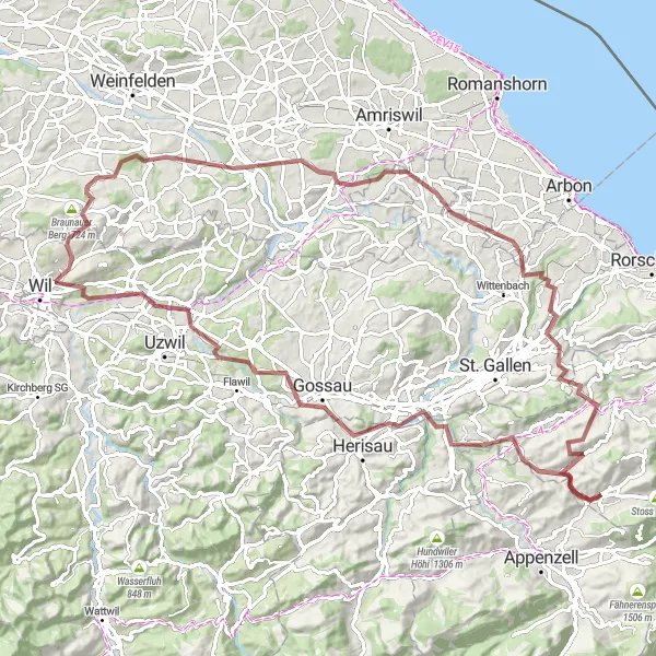 Zemljevid v pomanjšavi "Gais - Herisau - Oberbüren - Geissberg - Nollenberg - Buhwil - Häggenschwil - Aussichtspunkt Kastenberg - Speicher - Hohe Buche - Zwislen" kolesarske inspiracije v Ostschweiz, Switzerland. Generirano z načrtovalcem kolesarskih poti Tarmacs.app