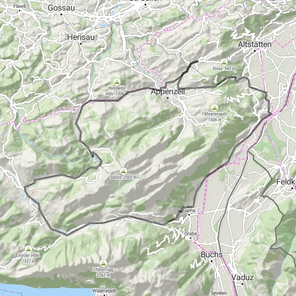Map miniature of "Seven Churfirsten Cycling Route" cycling inspiration in Ostschweiz, Switzerland. Generated by Tarmacs.app cycling route planner