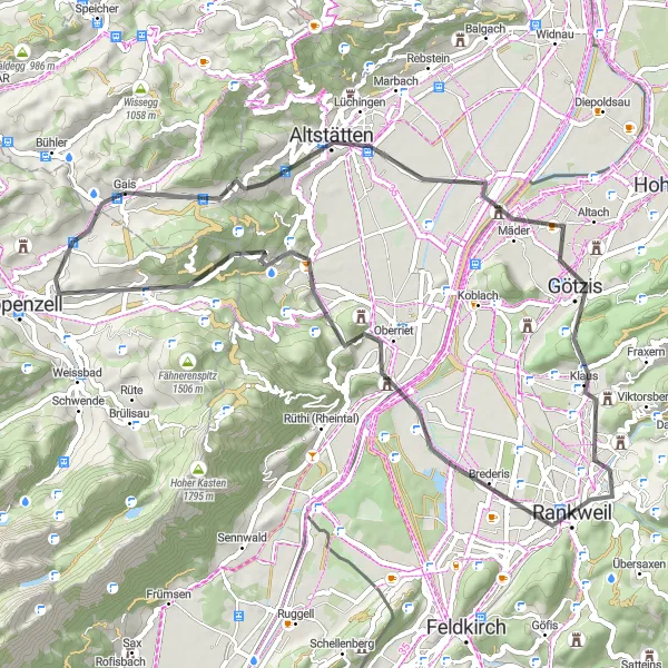 Map miniature of "The Jura Plateau Adventure" cycling inspiration in Ostschweiz, Switzerland. Generated by Tarmacs.app cycling route planner