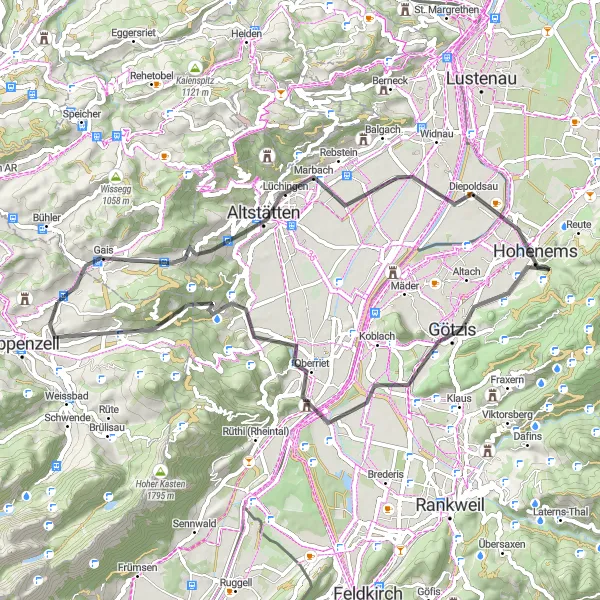 Kartminiatyr av "Kulturell Road Cycling Route fra Stoss til Hoher Hirschberg" sykkelinspirasjon i Ostschweiz, Switzerland. Generert av Tarmacs.app sykkelrutoplanlegger