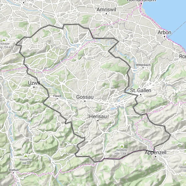 Zemljevid v pomanjšavi "Road Route from Gais" kolesarske inspiracije v Ostschweiz, Switzerland. Generirano z načrtovalcem kolesarskih poti Tarmacs.app