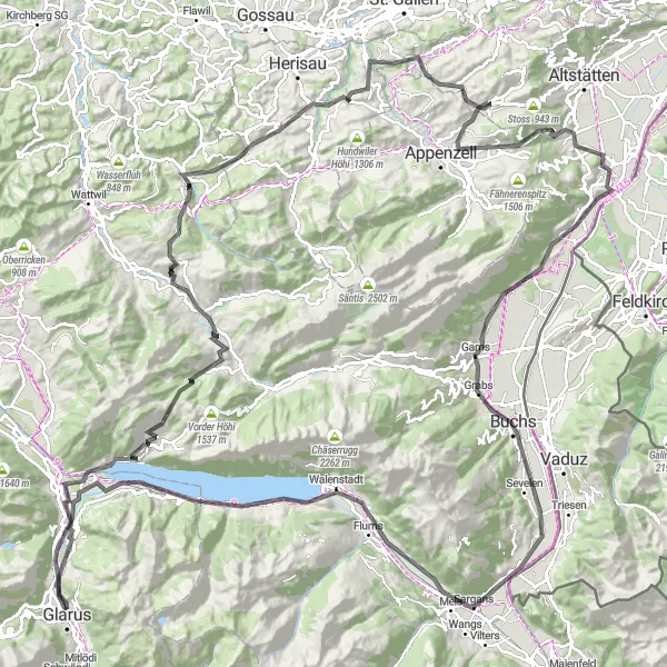 Miniaturekort af cykelinspirationen "Landevejscykelrute til Schönengrund via Walensee" i Ostschweiz, Switzerland. Genereret af Tarmacs.app cykelruteplanlægger