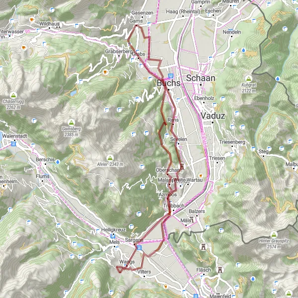 Miniatura della mappa di ispirazione al ciclismo "Giro in bici da Gravel - Werdenberg a Gams" nella regione di Ostschweiz, Switzerland. Generata da Tarmacs.app, pianificatore di rotte ciclistiche