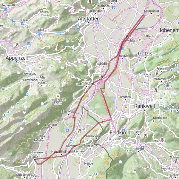 Mapa miniatúra "Gravel trasa cez Sennwald a Haag (Rheintal)" cyklistická inšpirácia v Ostschweiz, Switzerland. Vygenerované cyklistickým plánovačom trás Tarmacs.app