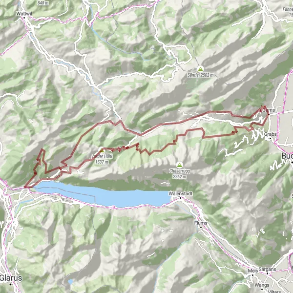 Map miniature of "Gams - Grabserberg - Gulmen - Arvenbüel - Weesen - Wildhaus - Gasenzen" cycling inspiration in Ostschweiz, Switzerland. Generated by Tarmacs.app cycling route planner