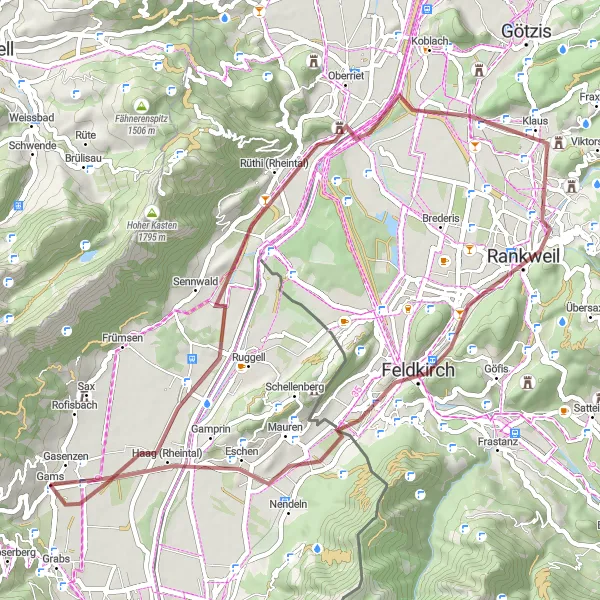 Miniatura della mappa di ispirazione al ciclismo "Giro in bici da Gravel - Sennwald a Eschen" nella regione di Ostschweiz, Switzerland. Generata da Tarmacs.app, pianificatore di rotte ciclistiche