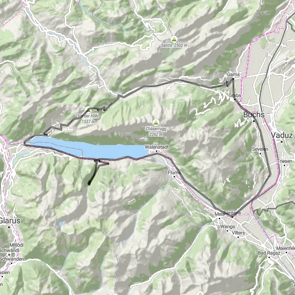Miniatua del mapa de inspiración ciclista "Ruta de Ciclismo en Carretera a través de la Ostschweiz" en Ostschweiz, Switzerland. Generado por Tarmacs.app planificador de rutas ciclistas
